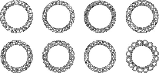 Eight circular frames with various ornate border designs arranged in two rows on a plain white background from a direct viewpoint