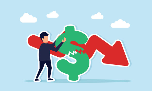 Businessman trying to fix broken dollar sign near falling red arrow illustration of currency value damage caused by inflation