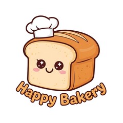 Cartoon bakery logo smiling loaf of bread wearing chef hat vector illustration
