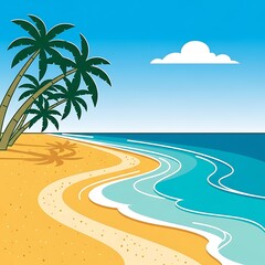 Cartoon beach scene with palm trees and ocean under clear sky
