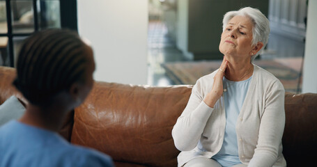 Fototapeta premium Consulting, medical and neck of old woman with nurse on sofa for help or home appointment. Feedback, healthcare or throat of senior patient with caregiver in apartment for assisted living checkup