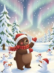 Cartoon bear with scarf and hat in a snowy winter scene
