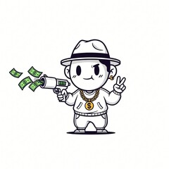 Cute cartoon of a gangsta shooting money, vector illustration on solid white background in clean, minimalist and modern style.
