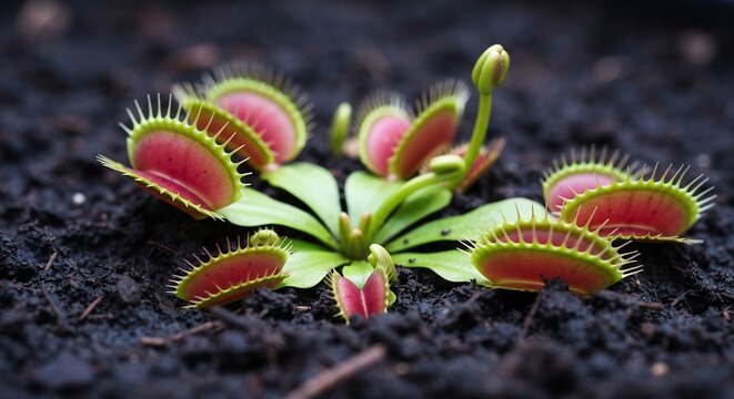 Venus flytrap plant with red traps growing in dark soil