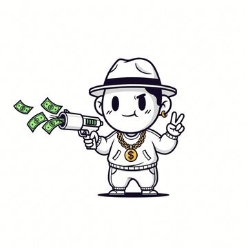 Cute cartoon of a gangsta shooting money, vector illustration on solid white background in clean, minimalist and modern style.