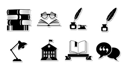 Study icons books glasses quill and academic building elements