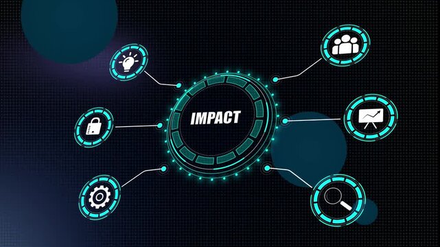 Impact concept for business influence and social responsibility showing digital hud interface with icons for global effect, strategy, and results