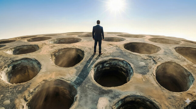 Many pitfalls in the ground and a man in a suit carefully walking between them.
