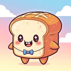 Cartoon bread character with cute features in a pastel sky background