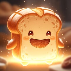 Cartoon bread character with glowing aura on a soft background