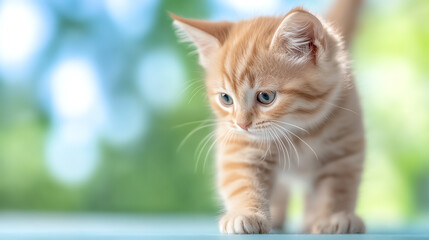 Obraz premium Adorable orange kitten exploring its surroundings with curiosity and playfulness, perfect for animal lovers and pet enthusiasts.