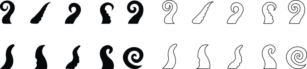 Octopus Tentacle Icon set, Vector Sea Monster Arm Silhouette, Kraken Tentacles Symbol, Curled octopus tentacles Marine Animal for Logo ultra sharp focus, sea life Tattoo, Game, Fantasy Design template © Rabia