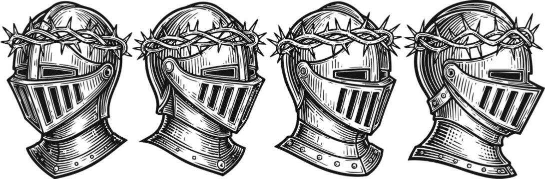 medieval knight helmets with crown of thorns, engraving set of armored heads in detailed metal armor