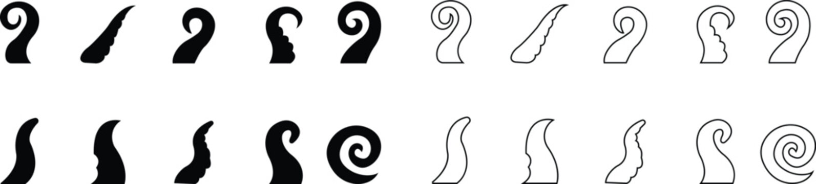 Octopus Tentacle Icon set, Vector Sea Monster Arm Silhouette, Kraken Tentacles Symbol, Curled octopus tentacles Marine Animal for Logo ultra sharp focus, sea life Tattoo, Game, Fantasy Design template
