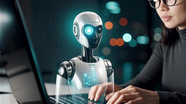 A sleek white humanoid robot with a glowing aqua eye stands beside a woman wearing glasses, typing on a laptop with a dark, blurred city lights background, depicting AI collaboration.