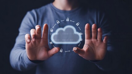 Hands displaying a digital cloud with security locks and binary code in a dark setting