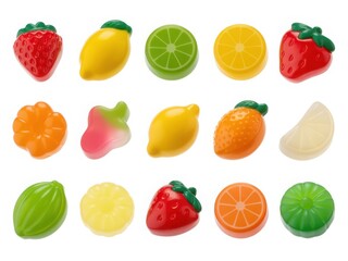 Colorful assortment of fruit shaped candies isolated on white background