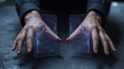 Hands hovering over dark surface holding transparent screens with intricate data patterns