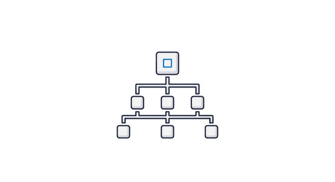 Simple organizational hierarchy diagram with connected boxes illustrating company structure, project workflow and management reporting relationships

