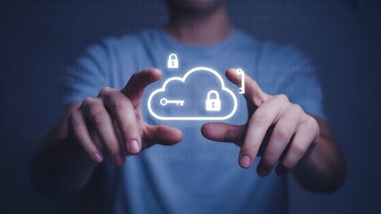 Person holding digital cloud with security locks and keys in a binary code background