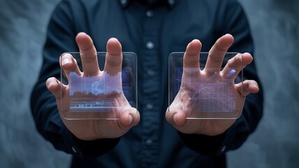 Man in dark shirt holding transparent screens with financial data and analytics interfaces