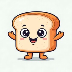 Cartoon bread slice with smiling face and open arms on a white backdrop