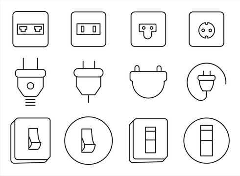 Electrical outlet line icon collection, outline vector symbol collection, linear style pictogram pack. Signs, logo illustrations. This set includes icons such as electrical outlet, telephone port, wir