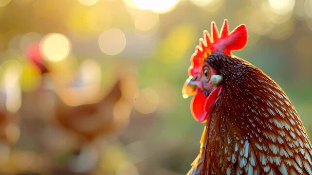 a brown chicken with red comb standing outdoors in warm sunlight, natural farm atmosphere with soft bokeh background, rural lifestyle, agriculture concept and animal nature scene