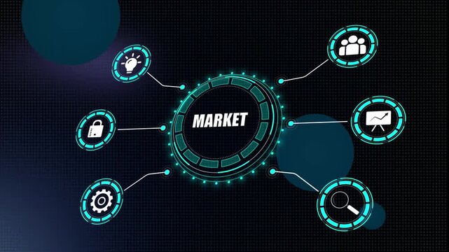 Market analysis and global trade trends concept for economic research and business growth videos showing a digital hud interface with icons for strategy