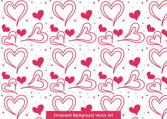 A seamless pattern featuring various red heart shapes and small dots on a white background, perfect for romantic and decorative designs.