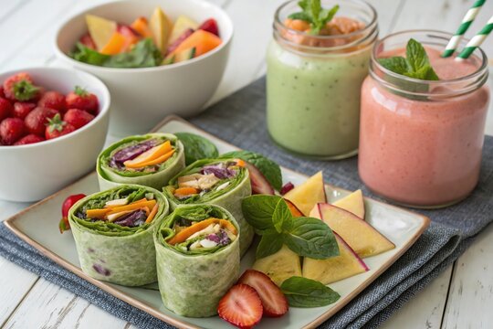 A plate of wraps and fruit sits on a table next to two glasses of smoothies