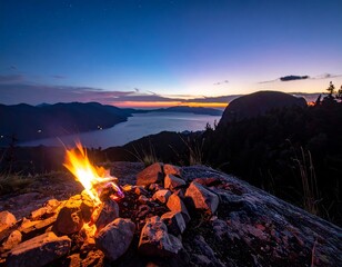 A serene campfire on a rocky outcrop overlooking a tranquil body of water at dusk