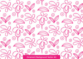 A seamless pattern of hand-drawn pink outline flowers, leaves, and dots on a white background, creating a decorative and elegant floral design.