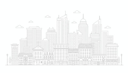 Obraz premium Minimalist urban skyline vector illustration featuring a modern city outline, showcasing architectural simplicity and a sleek, clean design suitable for various design projects