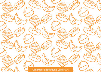 Seamless pattern of hand-drawn orange outlines of various sweet snacks and fruits on a white background.