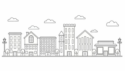 Obraz premium Minimalist black outline drawing of an urban cityscape panorama, featuring diverse buildings, streetlights, and clouds against a clean white background