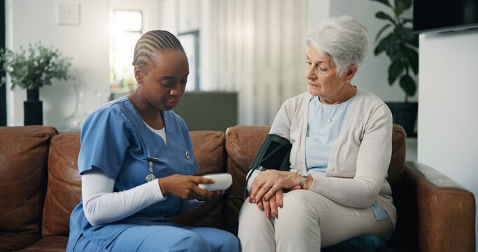 Blood pressure, patient or caregiver in nursing home, hypertension check or machine to monitor heart rate. Consultation, senior woman or nurse with health assessment, medical exam or measure pulse