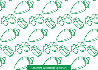 Seamless pattern of green outline carrots, slices, and leaves on a white background, perfect for food-related designs.