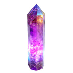 Towering purple crystal shines with facets and prismatic highlights on transparent background