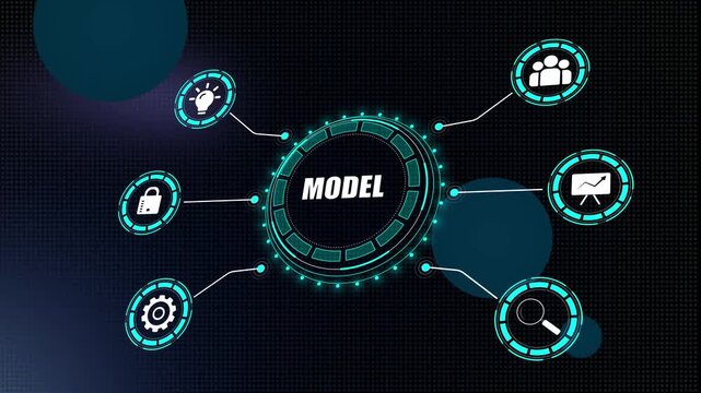 Business model concept for strategic planning and structural development videos showing a blue hud interface with icons for financial organization