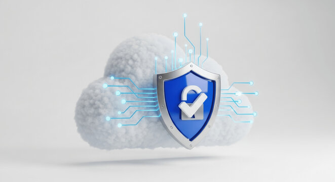 Secure cloud computing shield icon with padlock and digital circuit lines representing data protection, cybersecurity and encrypted online storage

