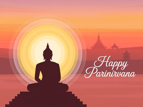 Buddha silhouette meditating in front of a bright sun during a serene sunset with a temple in the background celebrating happy parinirvana day