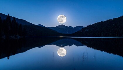 Majestic full moon illuminates a calm lake, surrounded by mountains and dark trees