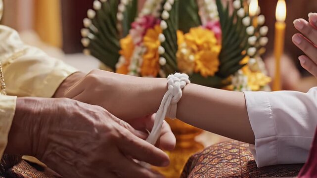 lao tradition baci ceremony hand tying white thread on wrist for good luck