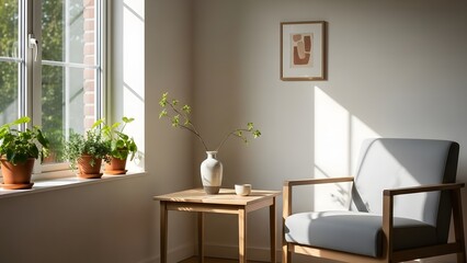 Cozy armchair bathed in sunlight next to a wooden table with plants on the windowsill.