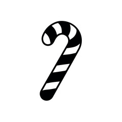 A cheerful black outline candy cane icon with diagonal stripes, representing festive holidays, sweet treats, Christmas, or winter celebrations on a simple white background.