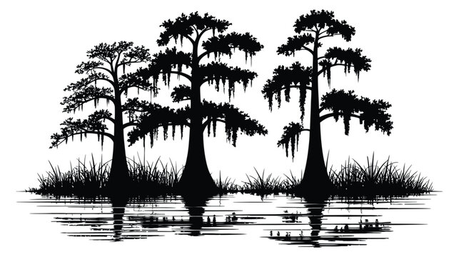 Swamp cypress trees with knees growing in a bayou, wetland landscape, southern swamp, nature illustration, plant vector graphic design