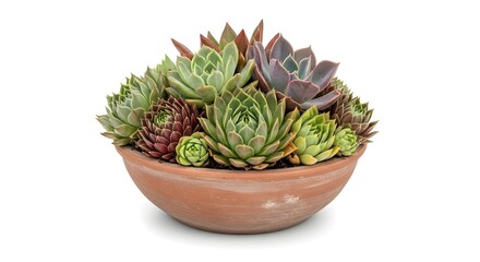 Fototapeta premium Close up of vibrant succulent plants in a rustic ceramic pot on white background