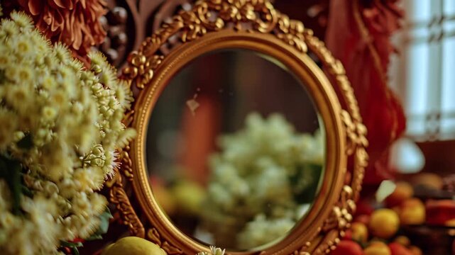 Ornate Mirror with Traditional Vishu Kani Arrangement of Fruits and Flowers for Malayali New Year Celebration