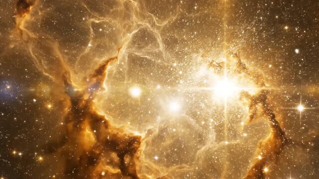 Stunning Cosmic Nebula Pulsating with Brilliant Stars and Expanding Golden Light.